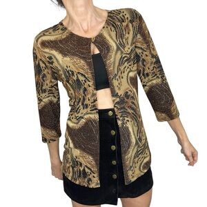 Stretchy brown tan animal print metallic gold fleck 3/4 sleeve cardigan